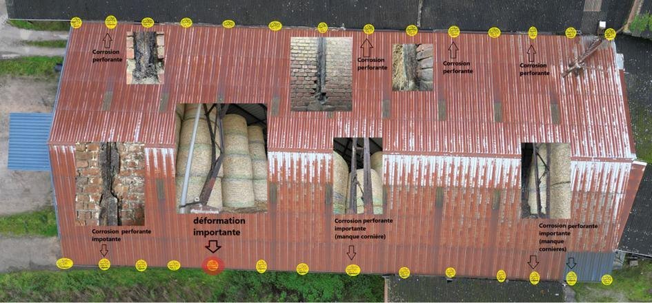 Vue aérienne annotée de la toiture : corrosion perforante et déformation relevées